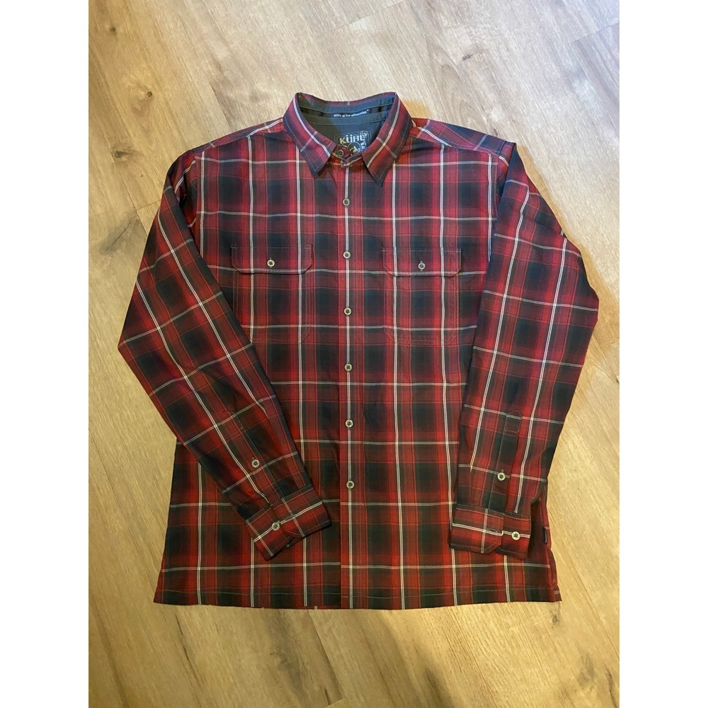 KUHL Eluxur Button Up Shirt L Red Black Plaid Long Sleeve Gorpcore Outdoor NWOT